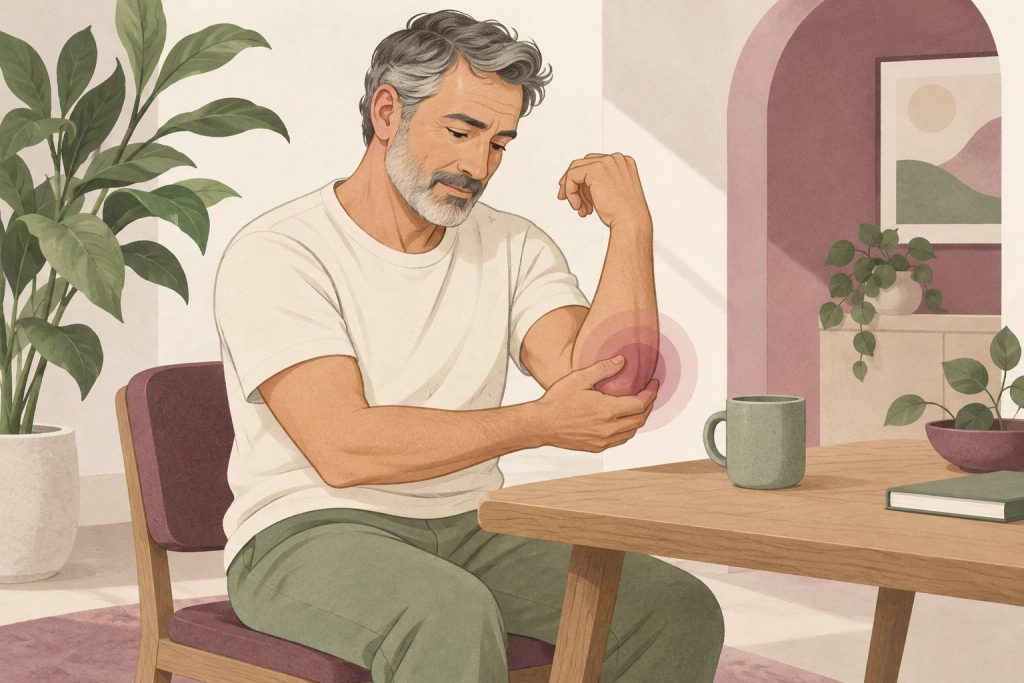 Ilustrație editorială: bărbat lângă o cană care își susține cotul, cu zona dureroasă evidențiată în mov.
